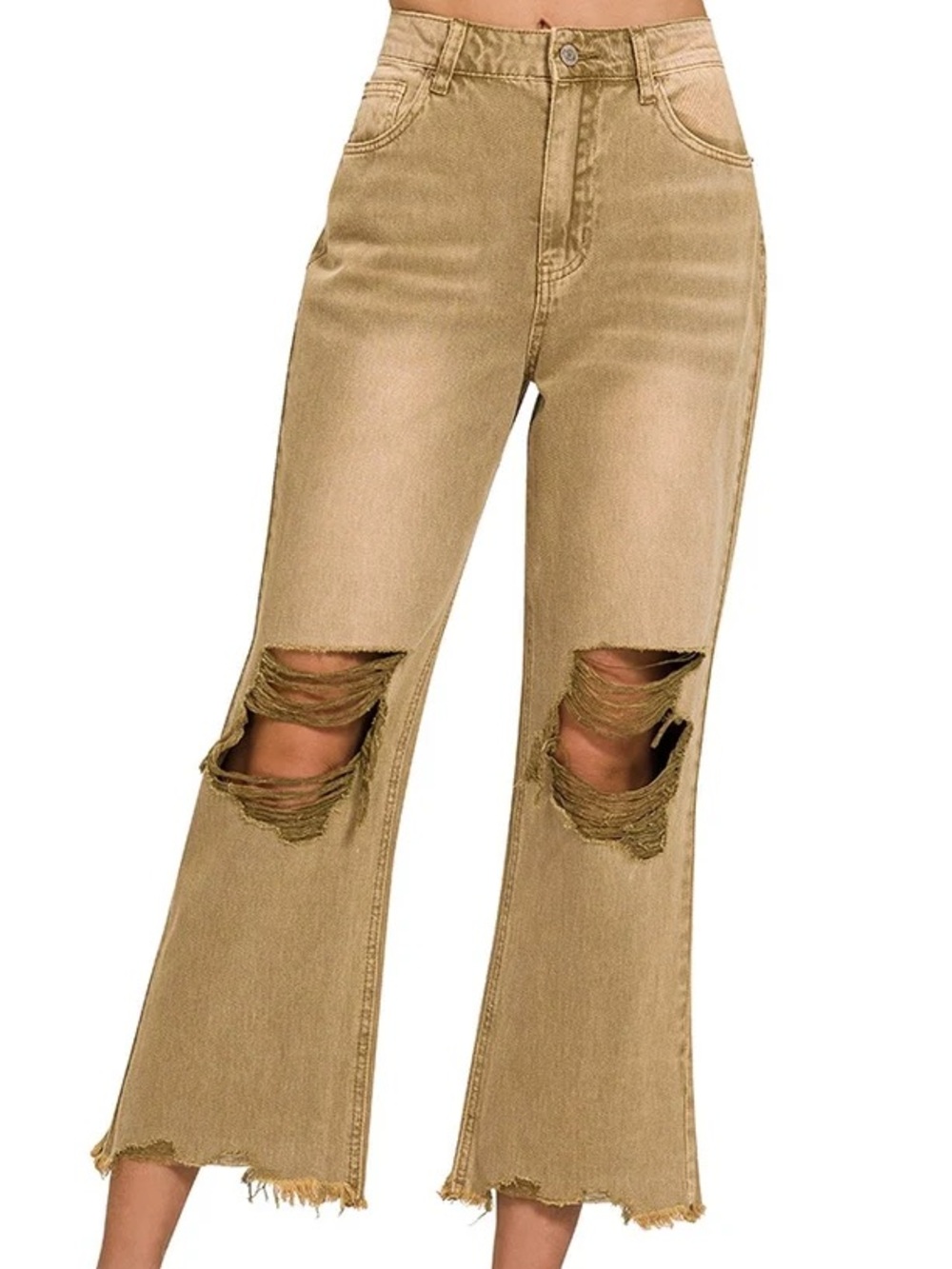 Zenana Distressed Acid Washed Crop Jeans in Camel Color